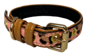 Pink leopard print calf leather dog collar with brown genuine leather trim and gold color hardware.