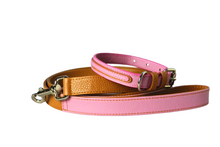 Load image into Gallery viewer, Pink and brown dog collar and leash set on a white background