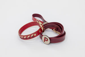 La Dorada Dog Collar, handmade in red and gold leather with arrow design and gold plated hardware. Dog leash in Red leather with Letter Pin attachment