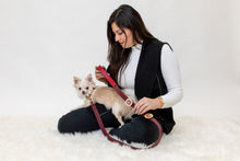Load image into Gallery viewer, Woman holding a chihuahua wearing a red leather dog collar and leash with personalized pins.