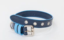 Load image into Gallery viewer, Signature designer leather dog collar in navy blue leather with light blue leather trim and nickel hardware.