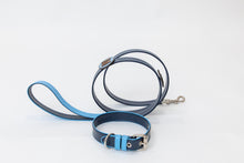 Load image into Gallery viewer, Signature designer leather dog collar and leash in navy blue leather with light blue leather trim and nickel hardware.