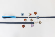 Load image into Gallery viewer, handmade designer navy leather dog leash with decorative letter pins 