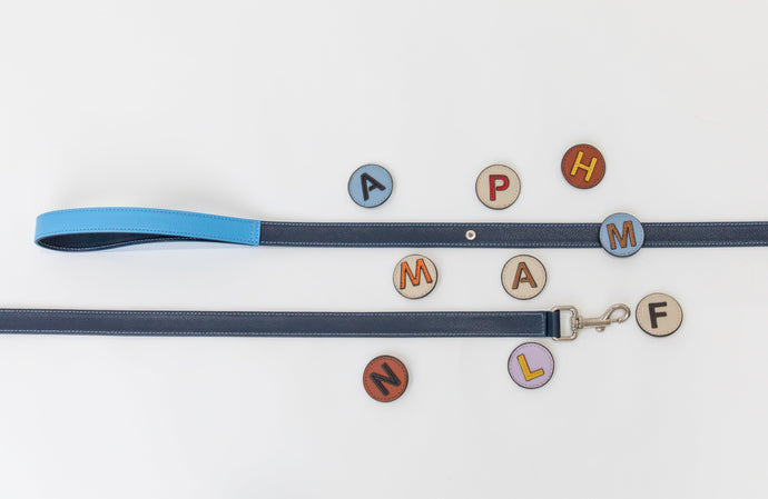 Blue leather dog leash with personalization letter pins