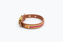 Load image into Gallery viewer, leather dog collar, hand-made dog collar, camel color, hot pink, yellow, orange. Fetures gold collred hardware. designer dog collar.