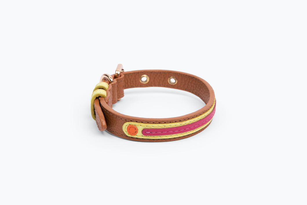 leather dog collar, hand-made dog collar, camel color, hot pink, yellow, orange. Fetures gold collred hardware. designer dog collar.