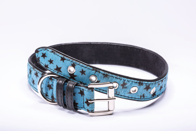 leather dog collar, blue collar with black stars. Has nickel hardware. Size small.