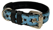 Load image into Gallery viewer, Blue and black stars print calf leather dog collar with black genuine leather trim and silver color hardware.  
