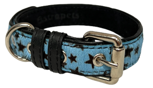 Blue and black stars print calf leather dog collar with black genuine leather trim and silver color hardware.  