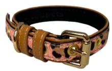 Load image into Gallery viewer, Pink leopard print calf leather dog collar with brown genuine leather trim and gold color hardware.