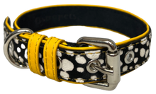 Load image into Gallery viewer, Black and white spotted print calf leather dog collar with yellow genuine leather trim and silver color hardware.  
