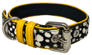 Black and white spotted print calf leather dog collar with yellow genuine leather trim and silver color hardware.  
